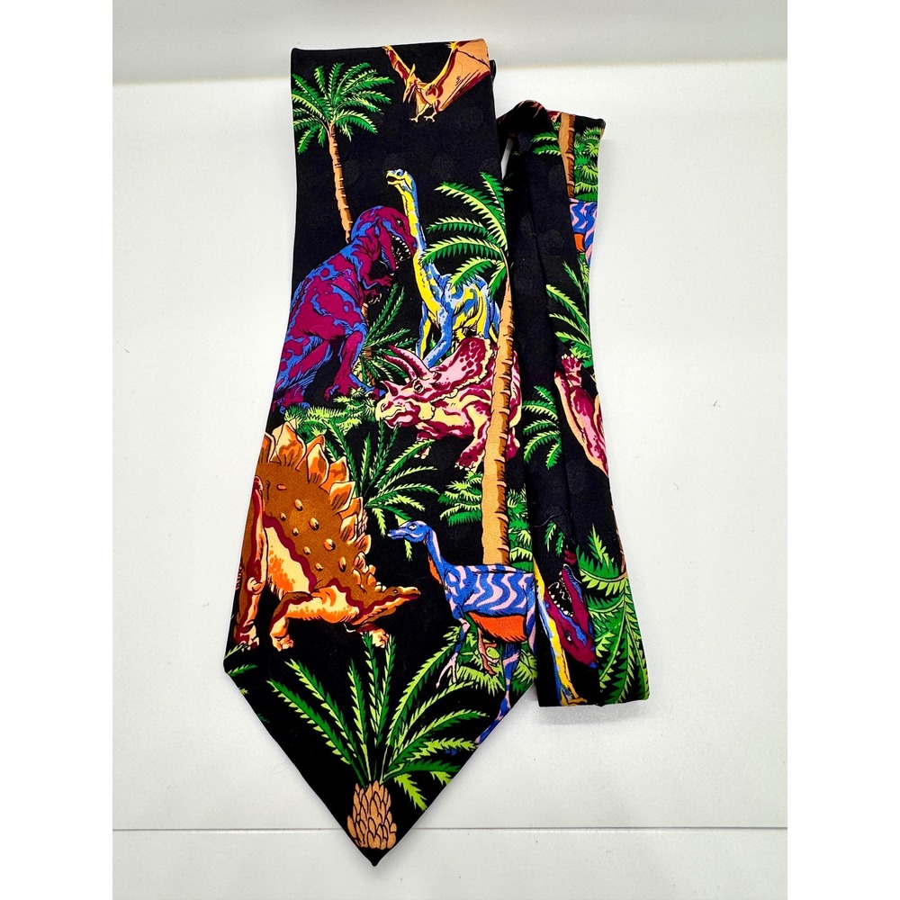 Vintage 1992 Addiction Dinosaur Silk Tie 90s Prehistoric T-Rex Retro Necktie